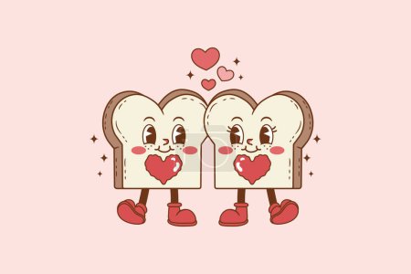 Téléchargez les illustrations : Illustration rétro du pain et de la confiture dans l'amour et avec le cœur, deux tranches de pain dans l'amour - en licence libre de droit