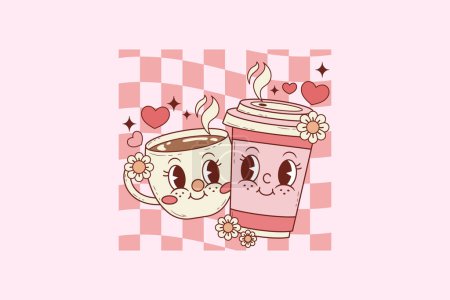 Ilustración de Lindo retro ilustración de café expreso y taza de café con vasos de corazón para los amantes del café y amantes en el amor - Imagen libre de derechos