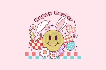 Téléchargez les illustrations : Illustration rétro mignon de visage heureux avec des oreilles de lapin pour les vacances de Pâques - en licence libre de droit