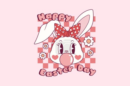 Téléchargez les illustrations : Illustration rétro mignonne de lapin avec broche style foulard pour Pâques - en licence libre de droit