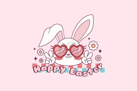 Téléchargez les illustrations : Illustration rétro mignonne de lapin avec des lunettes de coeur pour Pâques - en licence libre de droit