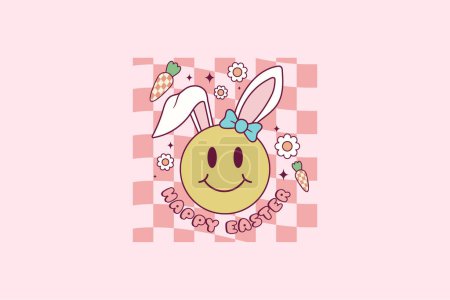 Téléchargez les illustrations : Illustration rétro mignon de visage heureux avec des oreilles de lapin pour les vacances de Pâques - en licence libre de droit