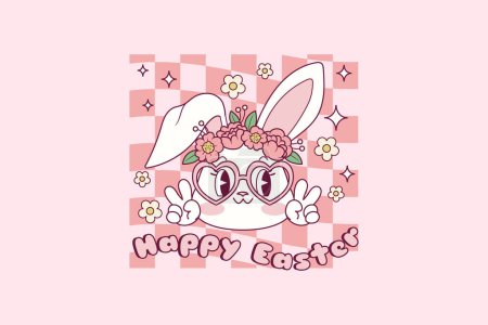 Téléchargez les illustrations : Illustration rétro mignonne de lapin avec couronne de fleurs sur sa tête pour Pâques - en licence libre de droit