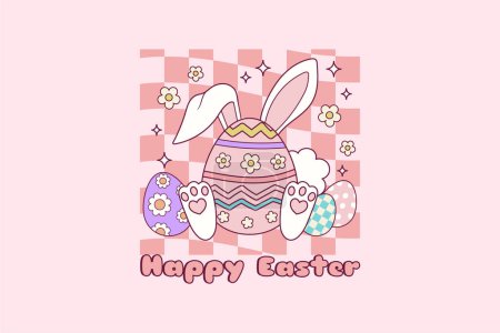 Téléchargez les illustrations : Illustration d'oeuf de Pâques rétro mignon avec oreilles et pattes de lapin - en licence libre de droit