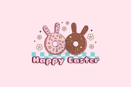 Téléchargez les illustrations : Illustration rétro mignonne de beignets avec des oreilles de lapin pour Pâques - en licence libre de droit