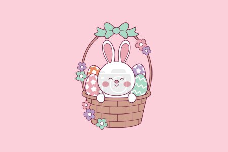 Téléchargez les illustrations : Mignon Pâques illustration de lapin à l'intérieur d'un panier avec des œufs - en licence libre de droit