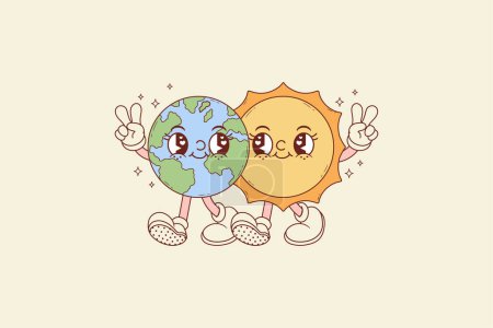 Téléchargez les illustrations : Illustration rétro mignonne de la planète Terre à côté du soleil - en licence libre de droit
