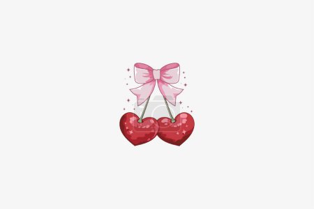 Illustration for Cute coquette style illustration of cherries in heart shape with bow - Royalty Free Image