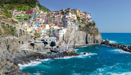 Photo for Beautiful landscape. Mediterranean town on a rock. Vacation and leisure. Colorful houses on the rock - Royalty Free Image
