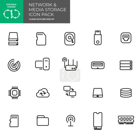 Network and digital storage icon pack. Outline editable stroke.