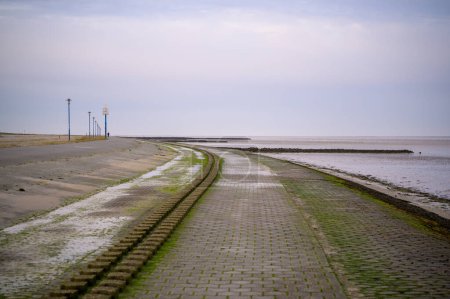 Beach promenade in Neuharlingersiel, Germany at low tide with a public clock and wave breaking installation covered in algae visible during early morning and a lone person in distance going for walk