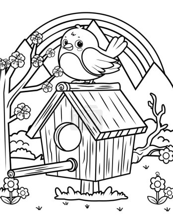 Lindo pájaro para colorear página para niños, páginas para colorear primavera para niños, dibujo simple con líneas audaces