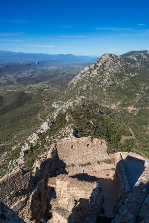 Langedoc landscape seen from the ruins of the medieval castle of Quribus, in the Cathar region of southern France
