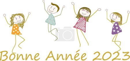 Téléchargez les illustrations : Les personnages dansent sur une phrase écrite en français sur laquelle est écrit : "Bonne Anne 2023" pour célébrer la nouvelle année - en licence libre de droit