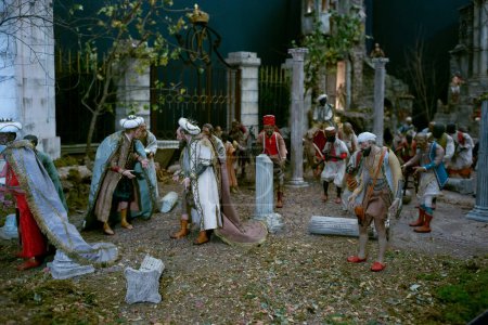 Photo for Several figures from the 18th century Neapolitan Nativity Scene of the Prince are displayed during their presentation, at the Royal Palace, on December 5, 2023, in Madrid, Spain. - Royalty Free Image