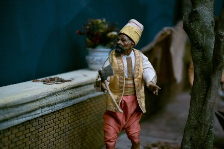 Photo for Several figures from the 18th century Neapolitan Nativity Scene of the Prince are displayed during their presentation, at the Royal Palace, on December 5, 2023, in Madrid, Spain. - Royalty Free Image