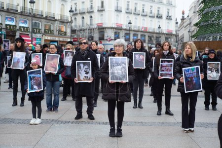 Téléchargez les photos : Des dizaines de personnes tiennent des photos d'animaux lors d'une manifestation pour la Journée internationale des droits des animaux à Puerta del Sol, le 9 décembre 2023, à Madrid, Espagne. - en image libre de droit