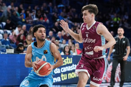 Photo for Player of Movistar Estudiantes seen in action during the LEB Oro Match between Movistar Estudiantes and ICG Forca Lleida  at WiZink Center  Madrid December 10 spain - Royalty Free Image