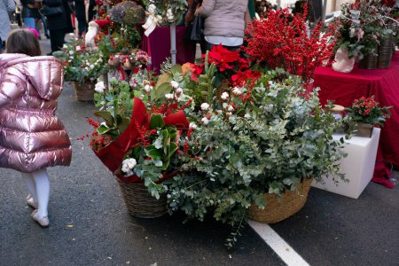 Photo for View of the Madrid Christmas Flower Market on Jorge Juan Street, December 16, 2023, Spain - Royalty Free Image