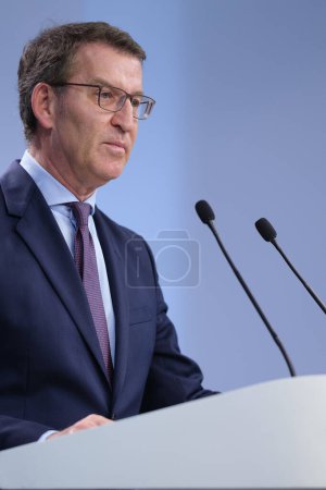 Photo for The leader of the PP, Alberto Nuez Feijoo, during a press conference at the party headquarters in Genova street, on 11 January, 2024 in Madrid Spain. - Royalty Free Image