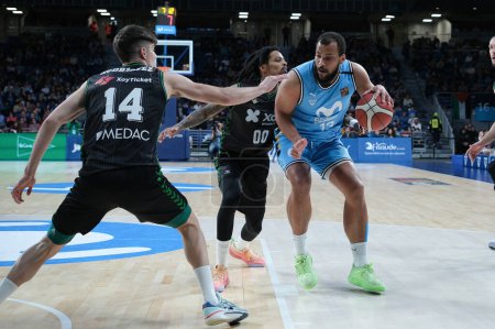 Photo for Player of Movistar Estudiantes seen in action during the LEB Oro Match between Movistar Estudiantes and Club Betis at WiZink Center. Madrid January 21, 2024 spain - Royalty Free Image