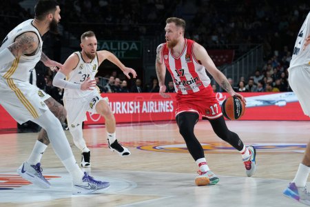 Photo for Brazdeikis Ignas  of Olympiacos Piraeus during the Turkish Airlines EuroLeague  match between Real Madrid and Olympiacos Piraeus at WiZink  on January 25, 2024 in Madrid, Spain. - Royalty Free Image