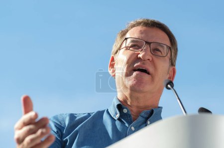 Photo for The president of the Popular Party, Alberto Nuez Feijoo, during a demonstration in Madrid to show his rejection of the Junts-psoe pact on January 28 2024 in Madrid, Spain - Royalty Free Image
