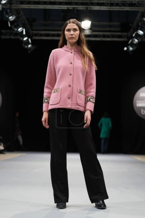 Photo for Model showcases creations by Ainhoa Salcedo Couture during the MOMAD catwalk within Madrid Fashion Week, at IFEMA in Madrid. February 9, 2023 Spain - Royalty Free Image