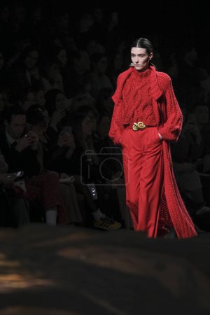 Photo for A model parades with SIMORRA design during Mercedes Benz Fashion Week Madrid in Madrid IFEMA, 15 of February of 2023 Spain - Royalty Free Image