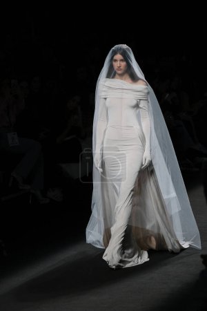 Photo for A model parades with CLARO COUTURE design during Mercedes Benz Fashion Week Madrid in Madrid IFEMA, 15 of February of 2023 Spain - Royalty Free Image