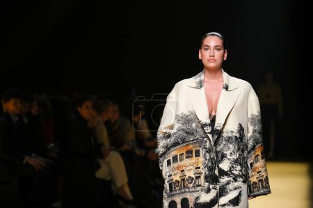 Photo for A model parades with ISABEL SANCHIS design during Mercedes Benz Fashion Week Madrid in Madrid IFEMA, 15 of February of 2023 Spain - Royalty Free Image