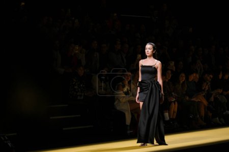 Photo for A model parades with ISABEL SANCHIS design during Mercedes Benz Fashion Week Madrid in Madrid IFEMA, 15 of February of 2023 Spain - Royalty Free Image