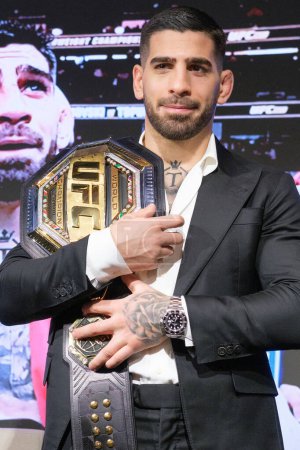 Photo for Ilian Topuria attends his press conference after winning the MMA UFC World Champion title against Alexander Volkanovski at Rosewood Villa Magna Hotel on February 22, 2024 in Madrid, Spain. - Royalty Free Image