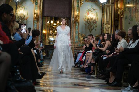 Photo for Model showcases creations by JESUS SEGAD during the Atelier Couture bridal catwalk within Madrid Fashion Week, at Santa Isabel Palace in Madrid. marzo, 2024 Spain - Royalty Free Image