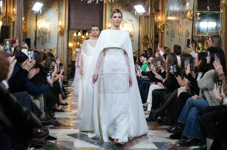 Photo for Model showcases creations by LUCIA CANO during the Atelier Couture bridal catwalk within Madrid Fashion Week, at Santa Isabel Palace in Madrid. marzo, 2024 Spain - Royalty Free Image