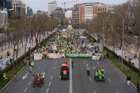 Photo for Several tractors during a protest by farmers and ranchers to demand improvements in the countryside sector in the center of Madrid, on March 17, 2024. - Royalty Free Image