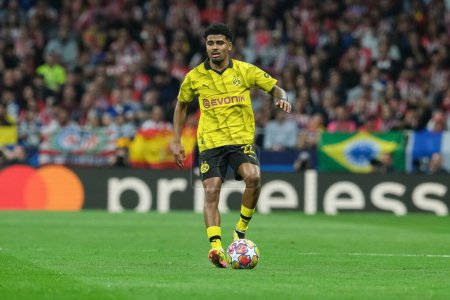 Photo for Ian Maatsen  of Borussia Dortmund during the UEFA Champions League,  between At Madrid and Borussia Dortmund in Metropolitano Stadium on April 10, 2024 in Madrid Spain. - Royalty Free Image
