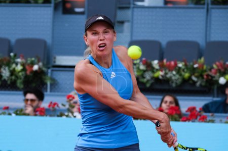 Photo for Caroline Wozniacki of Denmark during the match on Day Two of the Mutua Madrid Open at La Caja Magica on April 24, 2024 in Madrid, Spain. - Royalty Free Image