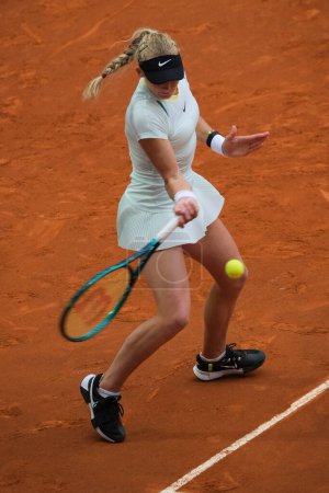 Photo for Mirra Andreyeva of Russian during the match on Day Two of the Mutua Madrid Open at La Caja Magica on April 24, 2024 in Madrid, Spain. - Royalty Free Image