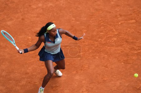 Photo for Coco Gauff of The United States plays against Arantxa Rus of Netherlands on Day Three during their second round match of the Mutua Madrid Open at La Caja Magica on April 25, 2024 in Madrid, Spain - Royalty Free Image