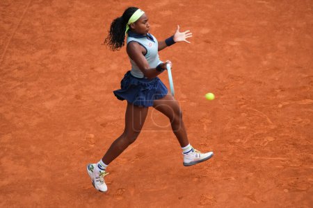 Photo for Coco Gauff of The United States plays against Arantxa Rus of Netherlands on Day Three during their second round match of the Mutua Madrid Open at La Caja Magica on April 25, 2024 in Madrid, Spain - Royalty Free Image