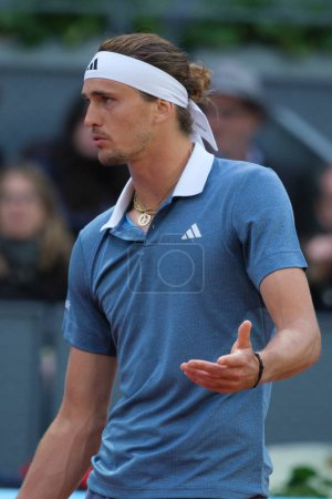 Photo for Alexander Zverev of Germany  against Borna Coric during their Men's Singles second round match on day four of the Mutua Madrid Open at La Caja Magica on April 26, 2024 in Madrid, Spain - Royalty Free Image