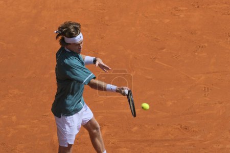 Photo for Andrey Rublev  against Alejandro Davidovich Fokina  in the Men's Singles Round of 32 Match during Day Six of the Mutua Madrid Open at La Caja Magica on April 28, 2024 in Madrid, Spain - Royalty Free Image