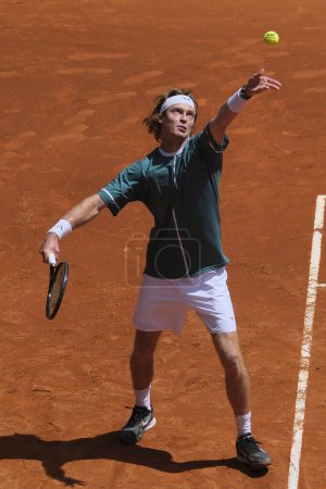 Photo for Andrey Rublev  against Alejandro Davidovich Fokina  in the Men's Singles Round of 32 Match during Day Six of the Mutua Madrid Open at La Caja Magica on April 28, 2024 in Madrid, Spain - Royalty Free Image
