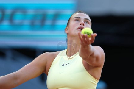 Photo for Aryna Sabalenka against Robin Montgomery  in the Women's Singles Round of 32 match during Day Six of the Mutua Madrid Open at La Caja Magica on April 28, 2024 in Madrid, Spain. - Royalty Free Image