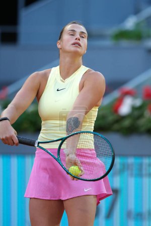 Photo for Aryna Sabalenka against Robin Montgomery  in the Women's Singles Round of 32 match during Day Six of the Mutua Madrid Open at La Caja Magica on April 28, 2024 in Madrid, Spain. - Royalty Free Image