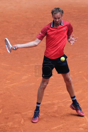 Photo for Daniil Medvedev of Russia is in action during the 2024 ATP Tour Madrid Open tennis tournament at Caja Magica in Madrid, Spain, on April 29, 2024. - Royalty Free Image