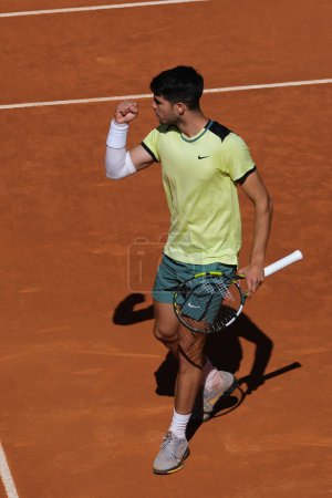 Photo for Carlos Alcaraz of Spain against  Struff  during their Men's Round of 16 match on day eight of the Mutua Madrid Open at La Caja Magica on April 30, 2024 in Madrid, Spain. - Royalty Free Image