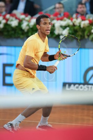 Photo for Felix Auger Aliassime of Canada  during the Men's Singles Final match against Andrey Rublev on Day Thirteen of Mutua Madrid Open at La Caja Magica on May 05, 2024 in Madrid, Spain. - Royalty Free Image
