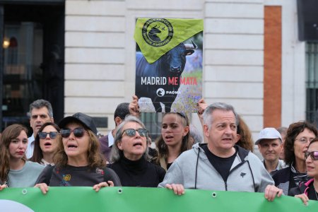 Foto de Manifestación contra las corridas de toros y el abuso de animales exigiendo la abolición de las corridas de toros en la Puerta del Sol de Madrid el 16 de mayo de 2024, España - Imagen libre de derechos